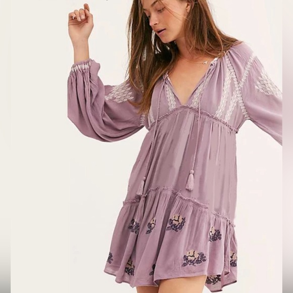 Free People Tops - FREE PEOPLE Wild Horses Embroidered Mini Dress tunic size XS Lavender 20” p2p